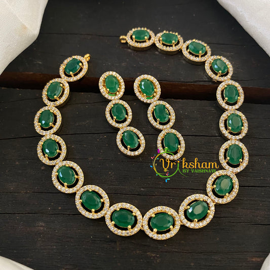 Gold American Diamond Choker Short Neckpiece-Green -G6564