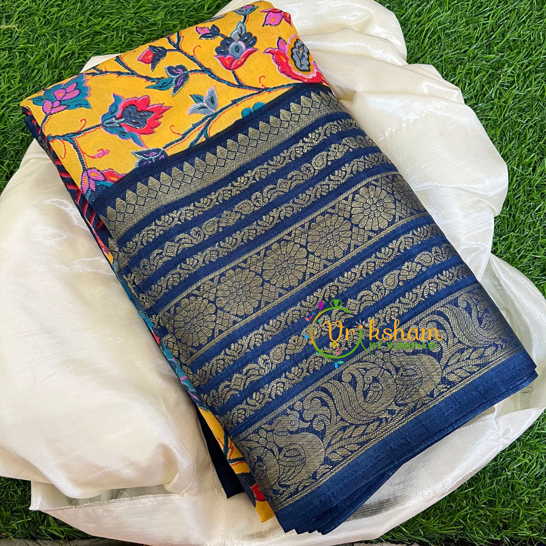 Yellow with Dark Blue Kalamkari Semi Soft Silk Saree-VS418