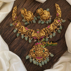 Lakshmi Jadau Kundan Short Neckpiece-Pastel Green Bead  -J1173