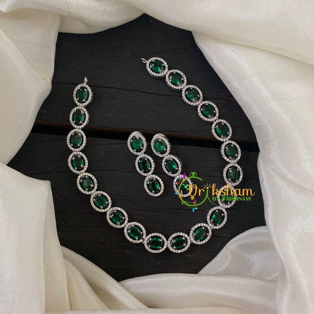 White Tone American Diamond Choker Short Neckpiece-Green-G6567