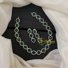 White Tone American Diamond Choker Short Neckpiece-Green-G6567