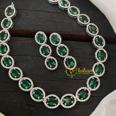 White Tone American Diamond Choker Short Neckpiece-Green-G6567