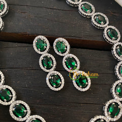 White Tone American Diamond Choker Short Neckpiece-Green-G6567