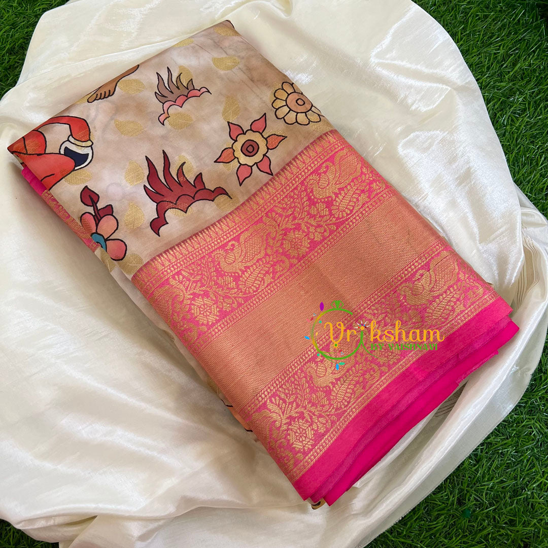 Beige with Baby Pink Kalamkari Semi Soft Silk Saree-VS414
