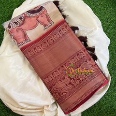 Light Brown with Maroon Border Kalamkari Semi Soft Silk Saree-VS421