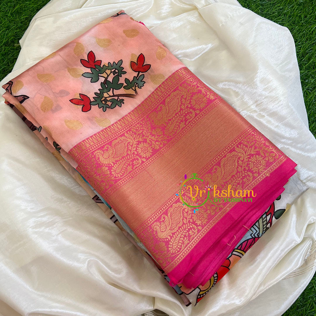 Half White with Pink Kalamkari Semi Soft Silk Saree-VS416