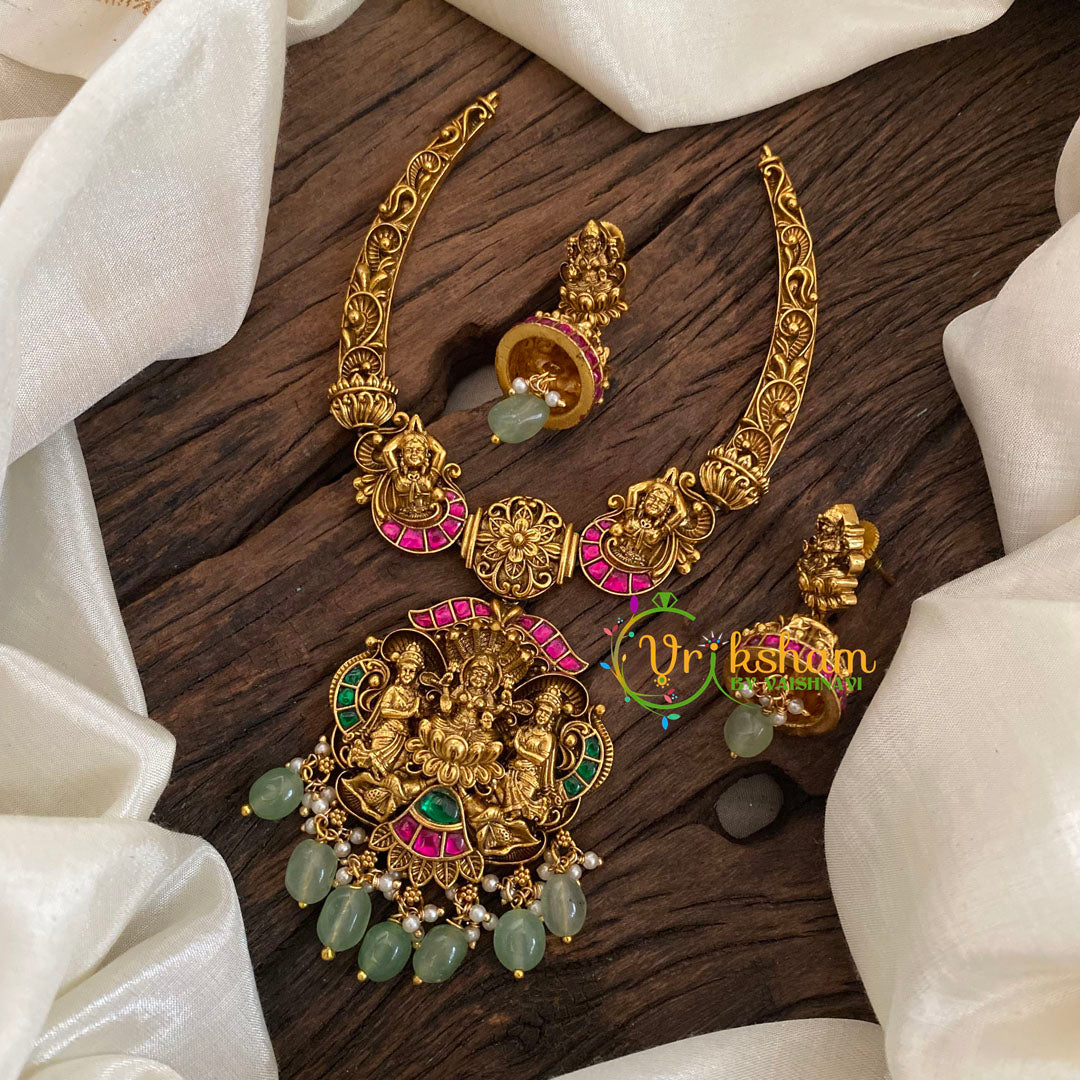 Lakshmi Jadau Kundan Short Neckpiece -Pastel Green Bead-J1166