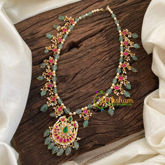 Pastel Green Bead Jadau Kundan Pendant Mala -J1120