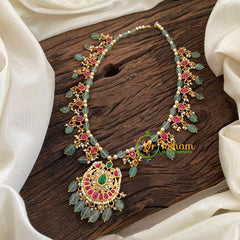 Pastel Green Bead Jadau Kundan Pendant Mala -J1120