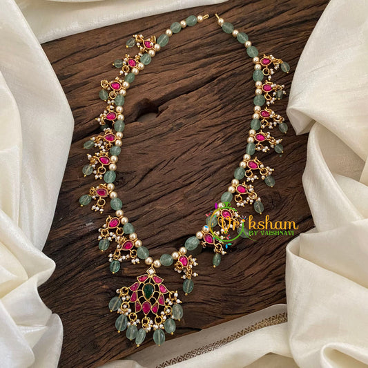 Pastel Green Bead Jadau Kundan Pendant Mala -J1130