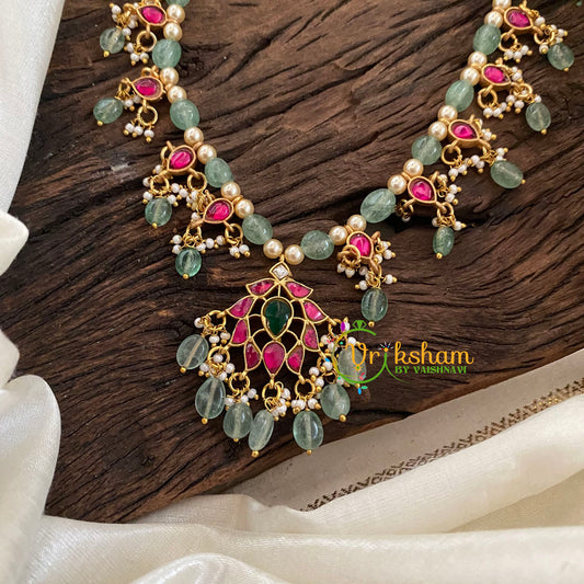 Pastel Green Bead Jadau Kundan Pendant Mala -J1130