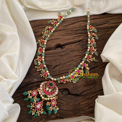 Pastel Green Bead Jadau Kundan Pendant Mala -J1129