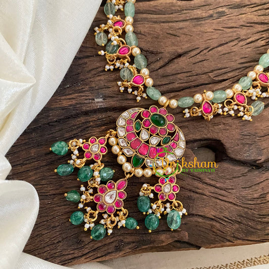 Pastel Green Bead Jadau Kundan Pendant Mala -J1129