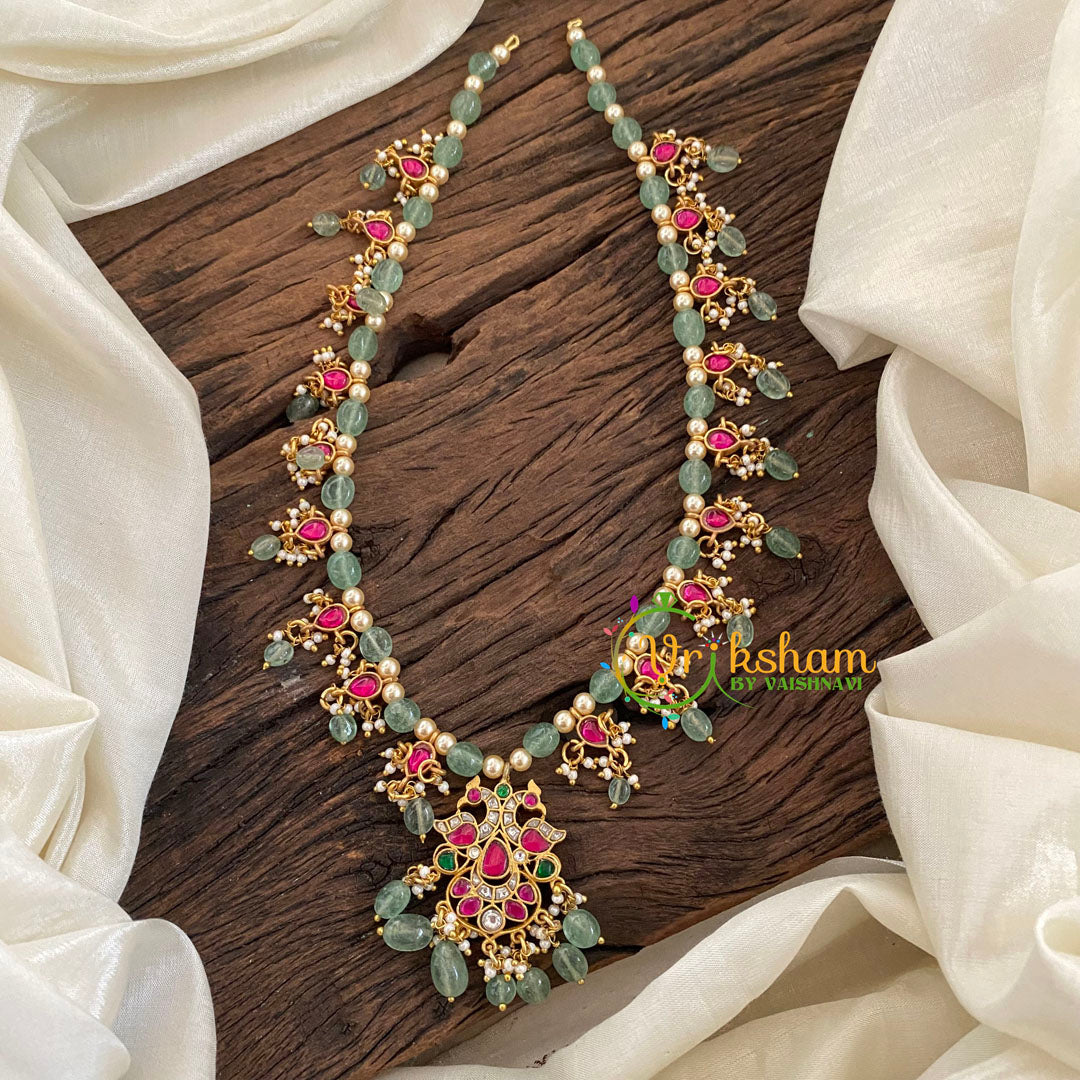 Pastel Green Bead Jadau Kundan Pendant Mala -J1128