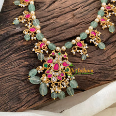 Pastel Green Bead Jadau Kundan Pendant Mala -J1128