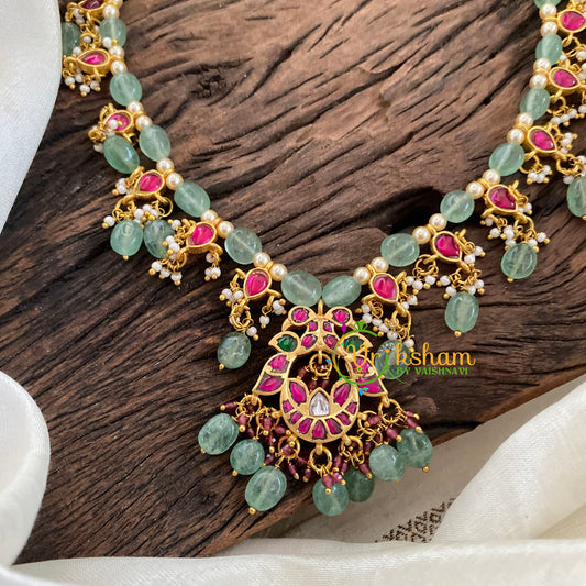 Pastel Green Bead Jadau Kundan Pendant Mala -J1127