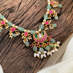 Pastel Green Bead Jadau Kundan Pendant Mala -J1126