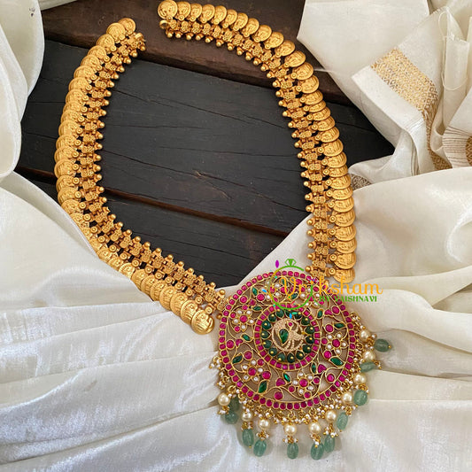 Royal Jadau Kundan Lakshmi Coin Long Neckpiece-Green Bead -J1133