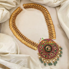 Royal Jadau Kundan Lakshmi Coin Long Neckpiece-Green Bead -J1133