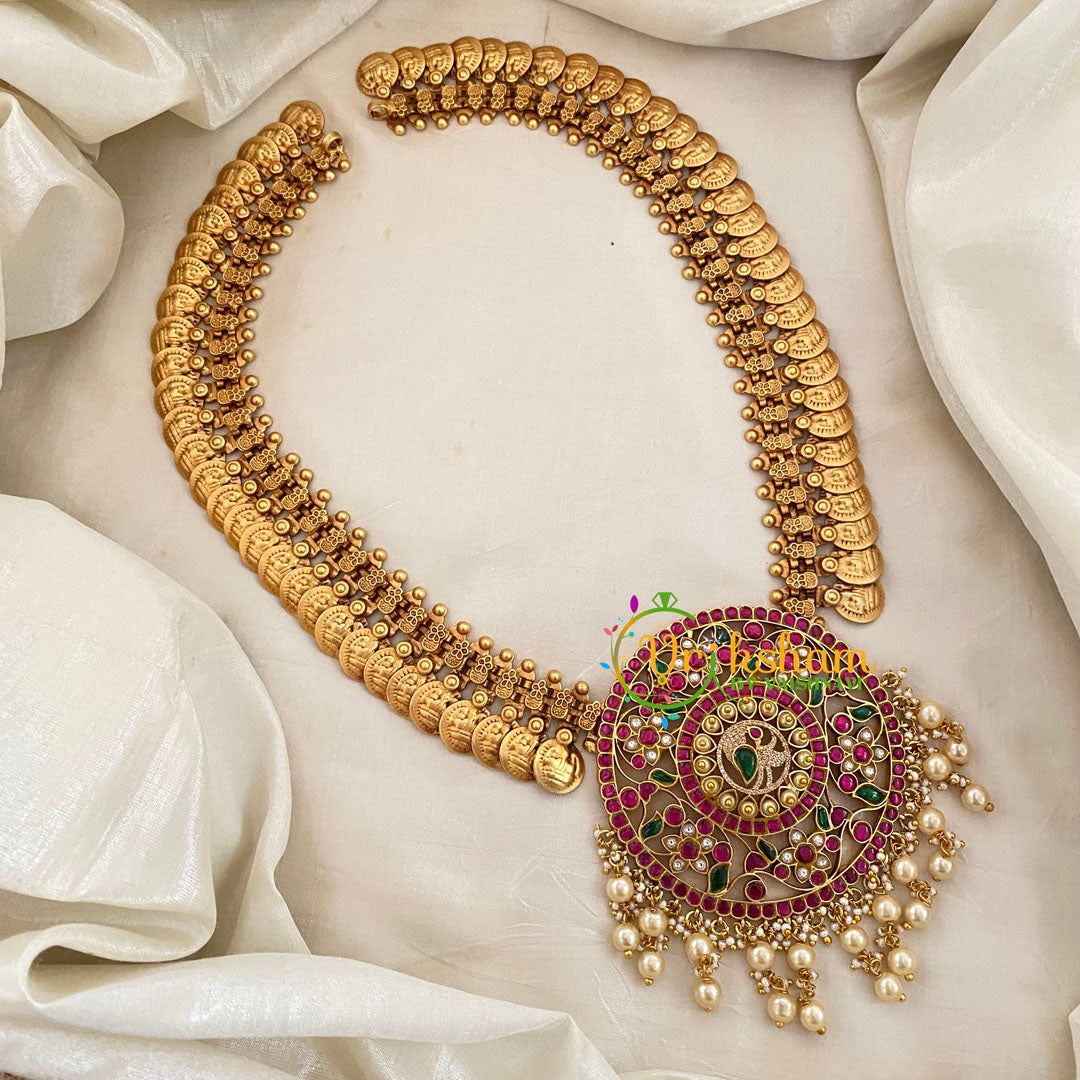 Royal Jadau Kundan Lakshmi Coin Long Neckpiece-Pearl-J1132