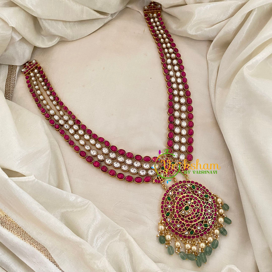 Layered Jadau Kundan Mid Length Neckpiece-Red White-Green Bead -J1195