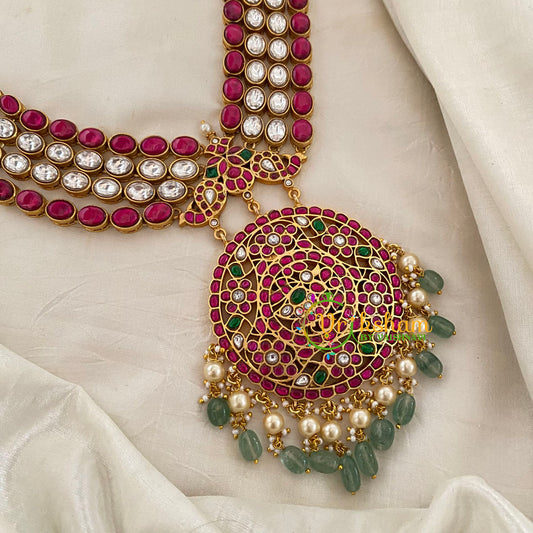 Layered Jadau Kundan Mid Length Neckpiece-Red White-Green Bead -J1195