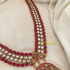 Layered Jadau Kundan Mid Length Neckpiece-Red White-Green Bead -J1195