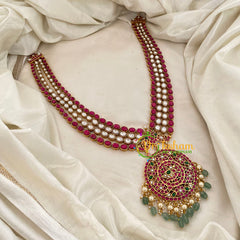 Layered Jadau Kundan Mid Length Neckpiece-Red White-Green Bead -J1195