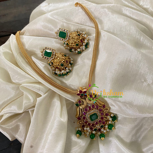 AD Stone Addigai Short Neckpiece -Green Bead-G8842