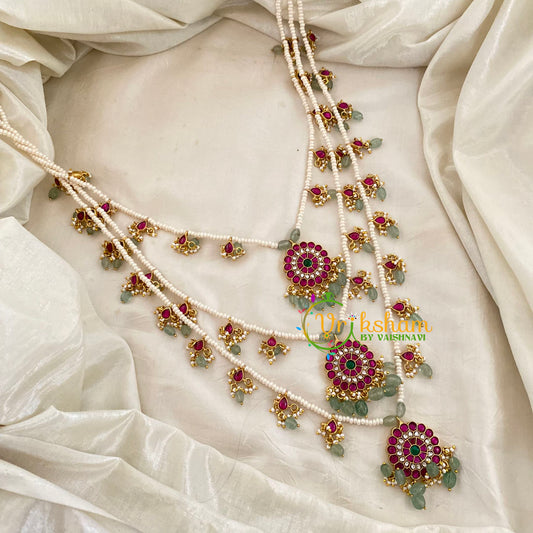 3 Layered Jadau Kundan Pearl Neckpiece-Floral-J1142