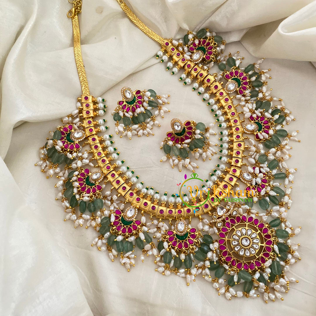 Precious Kundan Jadau Guttapusalu Haram -Green Bead with Pearl-J1144