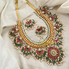 Precious Kundan Jadau Guttapusalu Haram -Green Bead with Pearl-J1144