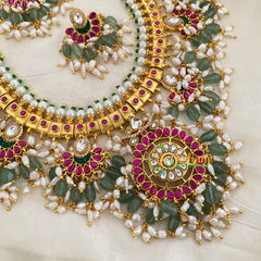 Precious Kundan Jadau Guttapusalu Haram -Green Bead with Pearl-J1144