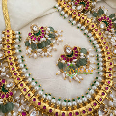 Precious Kundan Jadau Guttapusalu Haram -Green Bead with Pearl-J1144