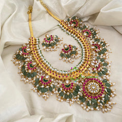 Precious Kundan Jadau Guttapusalu Haram -Green Bead with Pearl-J1144