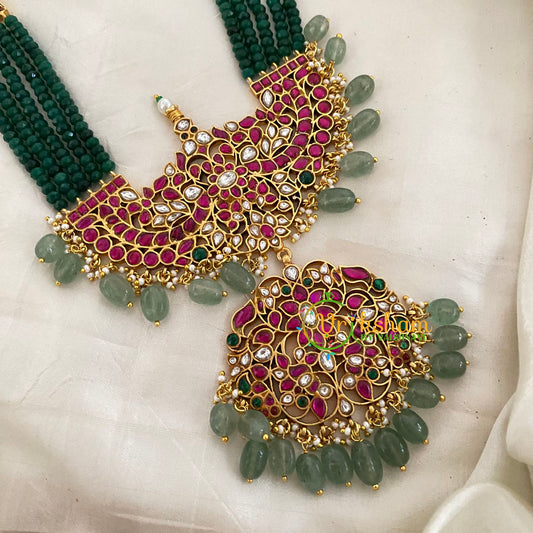 Exquisite Green Bead Jadau Kundan Pendant Mala -J1197