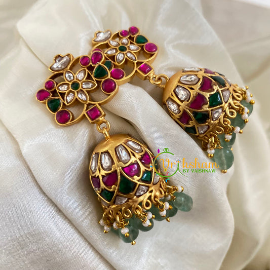 Precious Jadau Kundan Jhumkas -Bridal Jhumkas-Green Bead -J1138