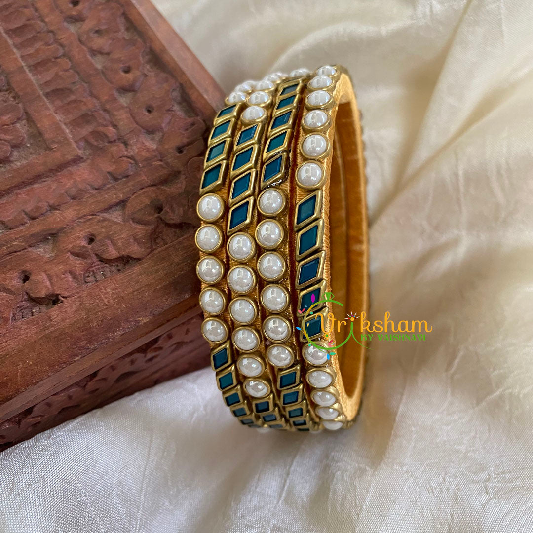 Thin Silk Thread Kundan Bangle-White Teal Blue-G6235