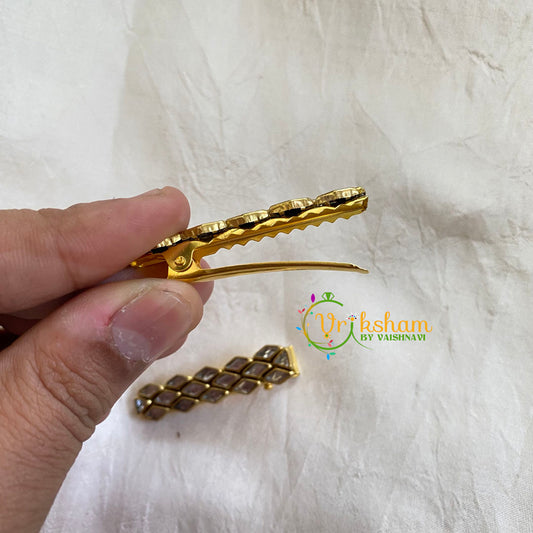 Kundan Hair Clip-gold White-Dice-H309