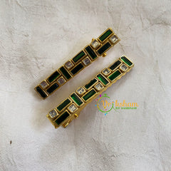 Kundan Hair Clip-gold Green Bars Dots-H338