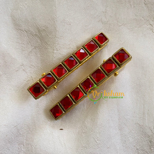 Kundan Hair Clip-gold Red-Squares-H299