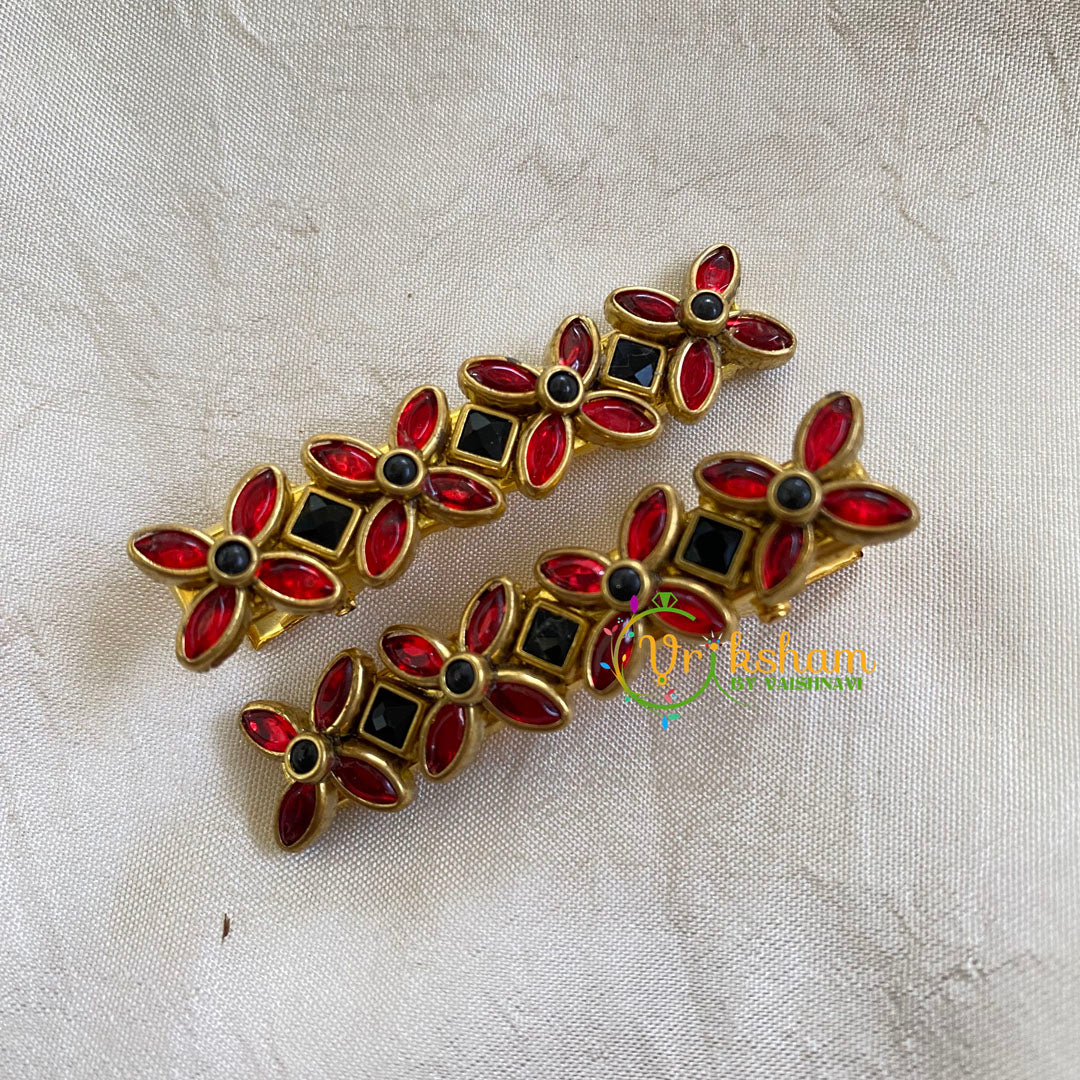 Kundan Hair Clip- Red Black-Flower-H322