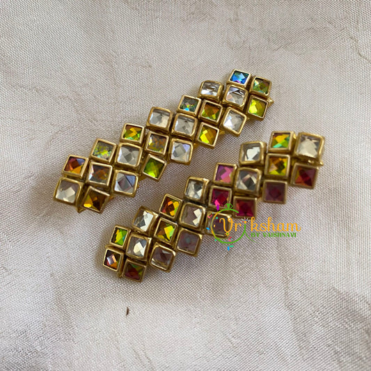 Kundan Hair Clip-gold Multicolor Unicorn Dice-H337