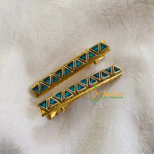 Kundan Hair Clip-gold Aqua Blue Triangles-H339