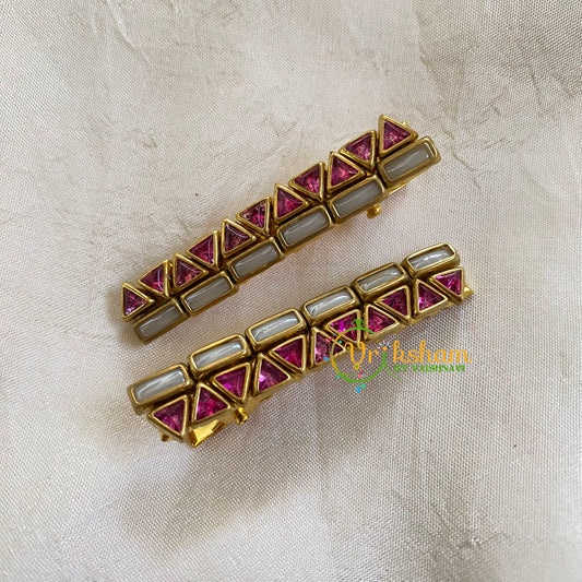 Kundan Hair Clip-gold-Pink White-Lines Triangle-H301