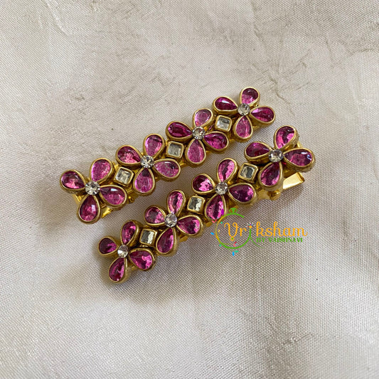 Kundan Hair Clip-gold -Pink Flower-H320