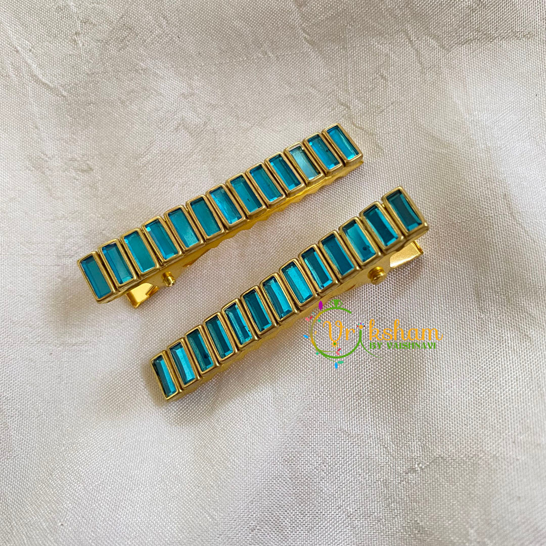 Kundan Hair Clip-gold-Aqua Blue Bars-H297