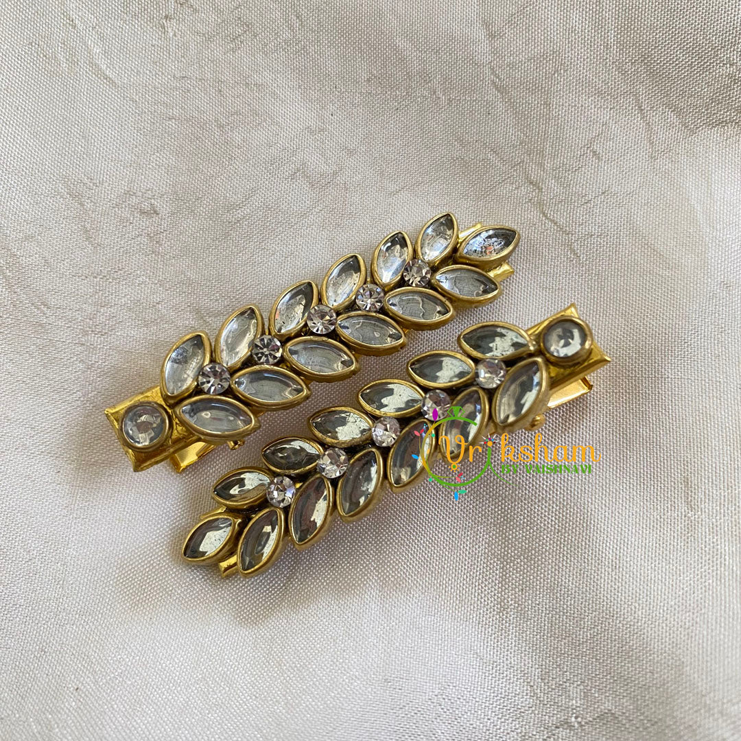 Kundan Hair Clip-gold White Leaf-H334