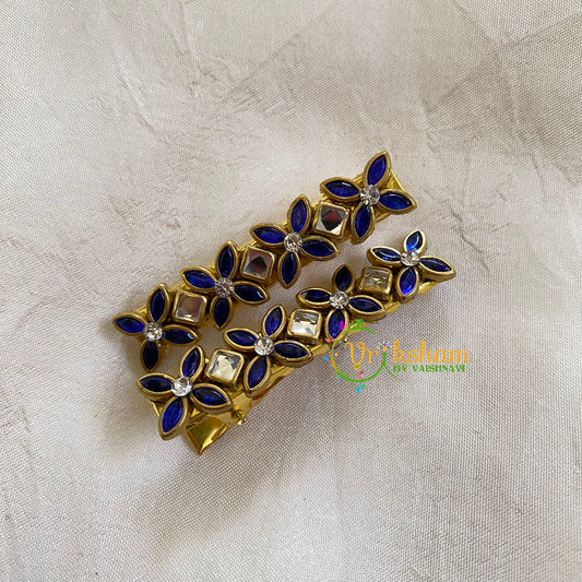 Kundan Hair Clip-gold-Blue Flower-H319