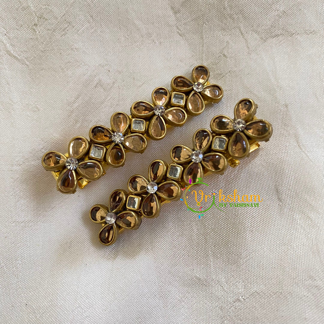 Kundan Hair Clip-gold-Brown Flower-H317